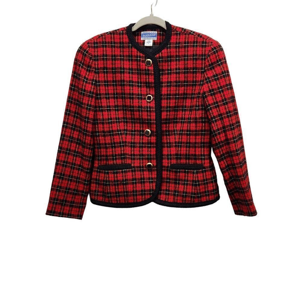 Vintage 90s Pendleton Virgin Wool Red & Black Tartan Plaid Collarless Blazer, 6